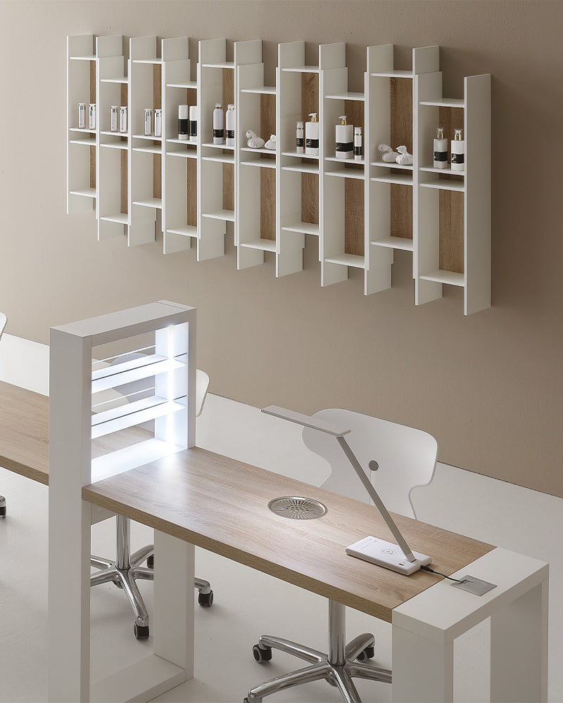 Slim - Scaffale vendita bianco con dettagli effetto rovere