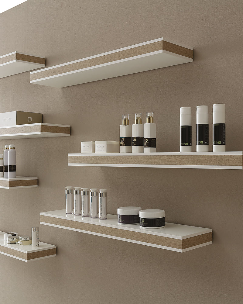 Stratos - Espositore bianco - Bordo in motivo rovere