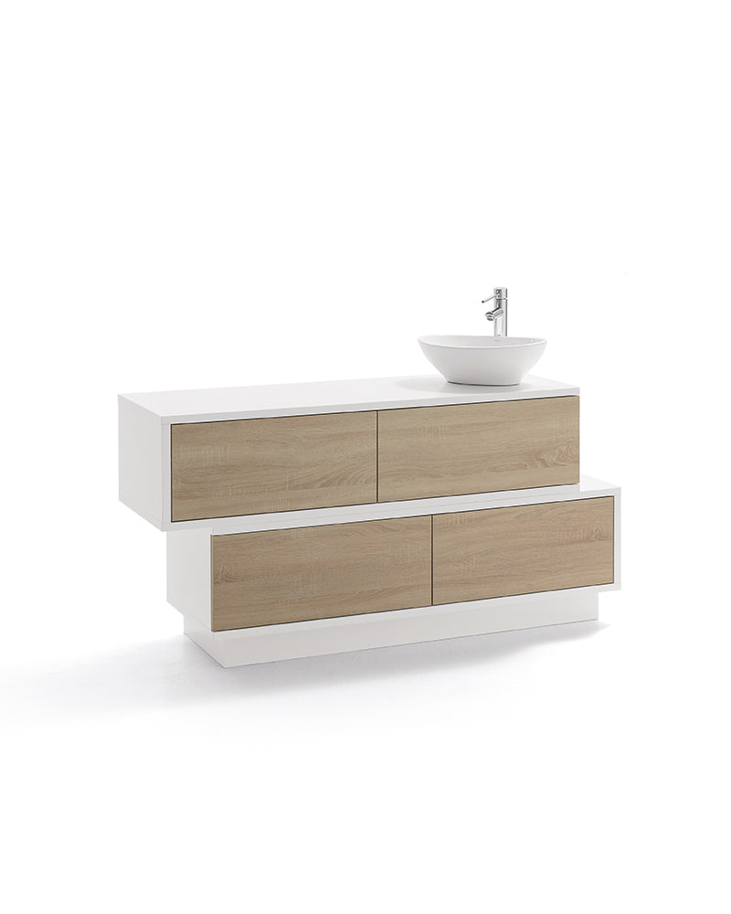 Swing - Bancone reception bianco con lavabo e cassetti effetto rovere