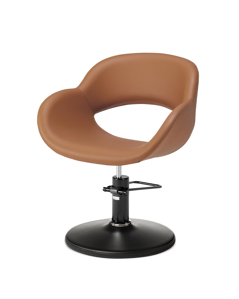 Thea - Poltrona da parrucchiere color cognac con base tonda nera