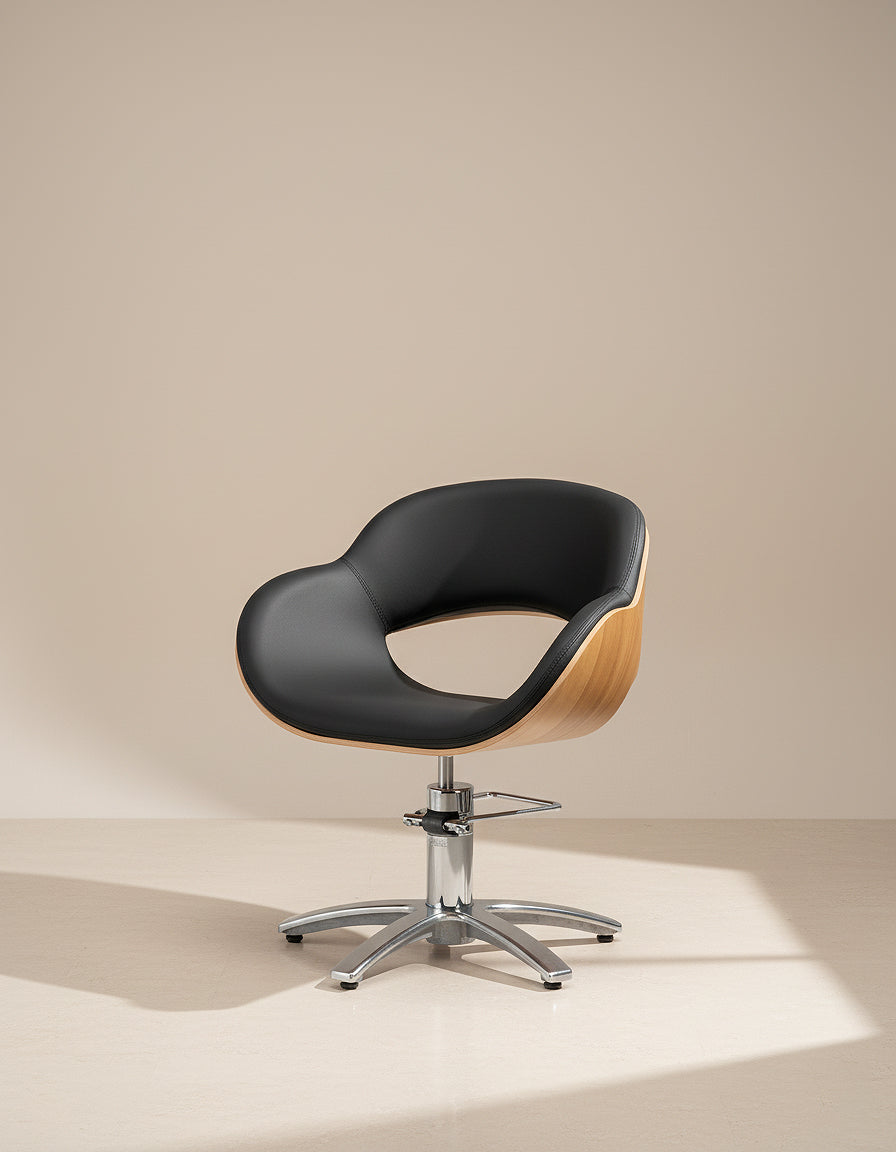 Thea Wood - Sedia da parrucchiere in legno nera con base a stella cromata